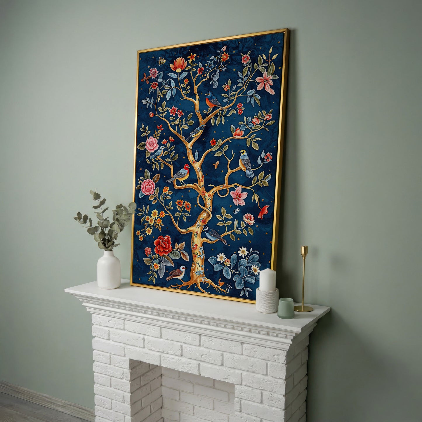Navy Tree of Life with Coral Birds and Golden Leaves Canvas in yellow gold floating frame