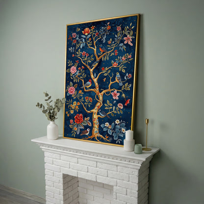 Navy Tree of Life with Coral Birds and Golden Leaves Canvas in yellow gold floating frame
