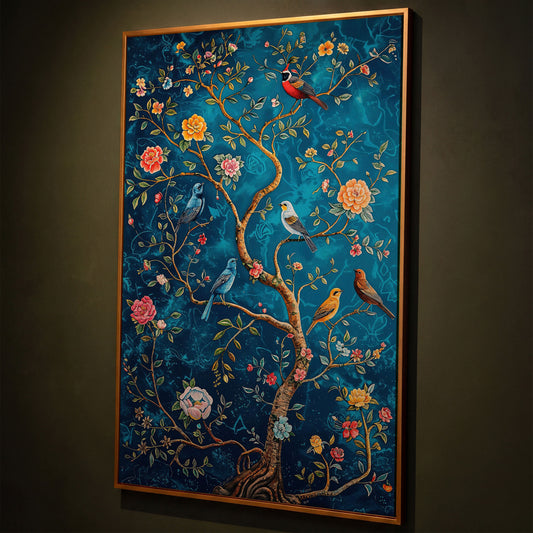 Songbirds on Branches Canvas Print shown in antique gold floating frame