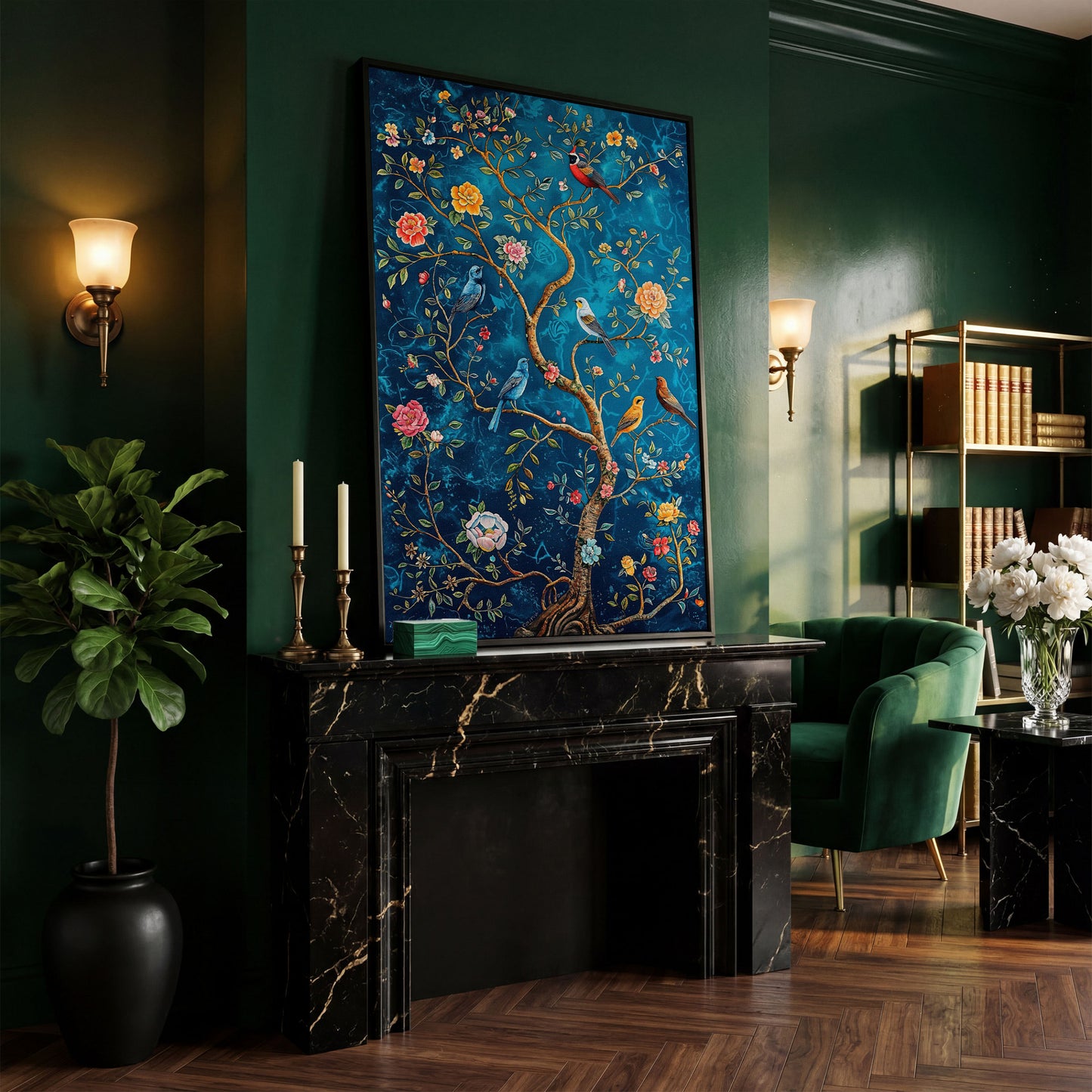 Songbirds on Branches Canvas Print in black floating frame