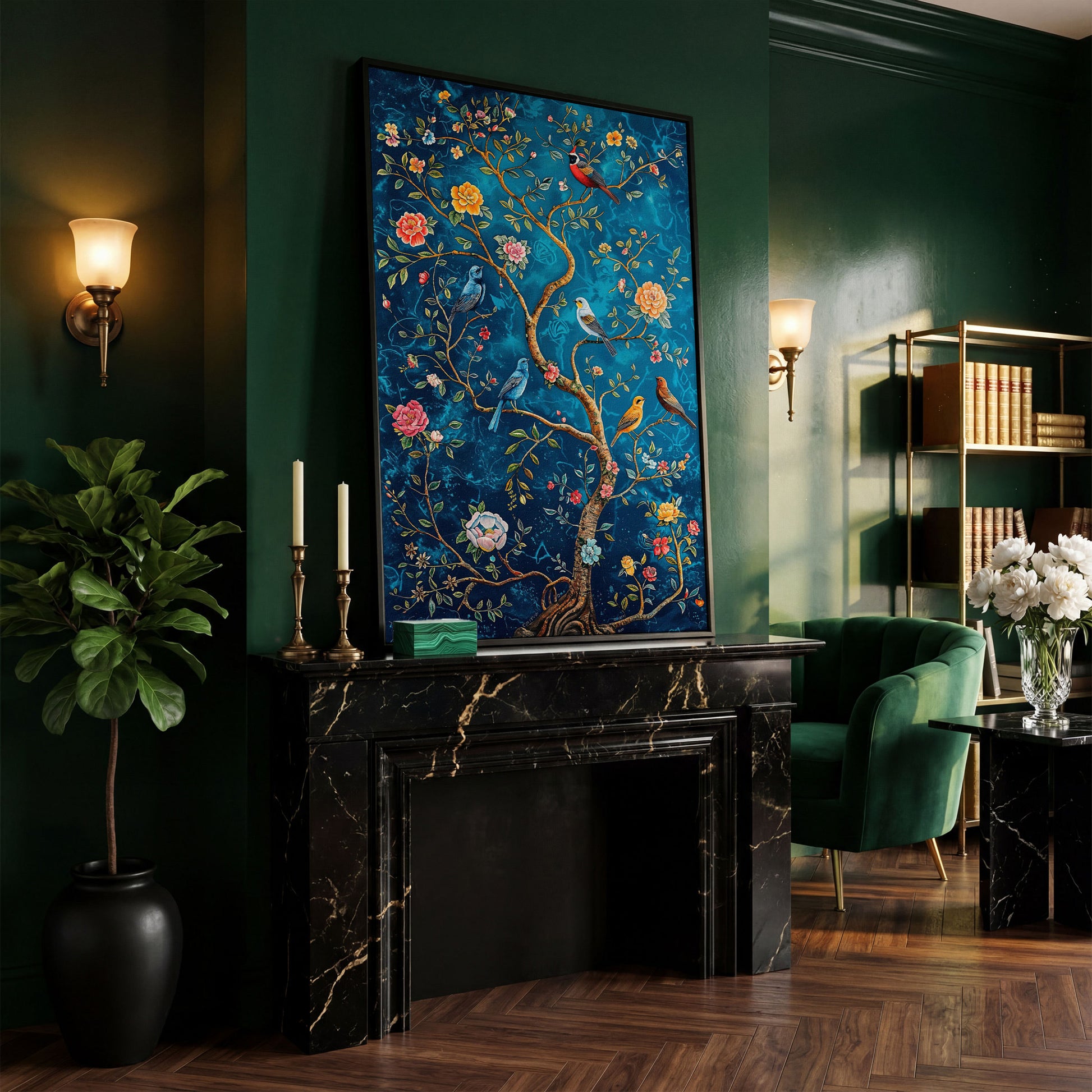 Songbirds on Branches Canvas Print in black floating frame