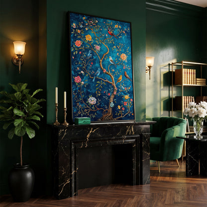 Songbirds on Branches Canvas Print in black floating frame