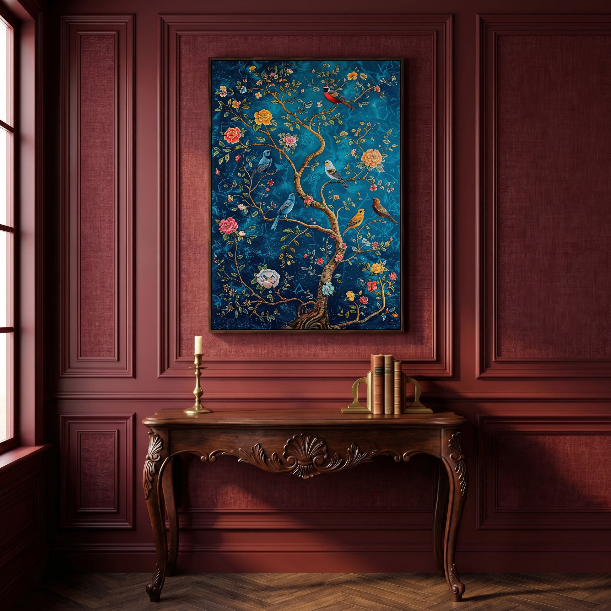 Songbirds on Branches Canvas Print in dark walnut floating frame