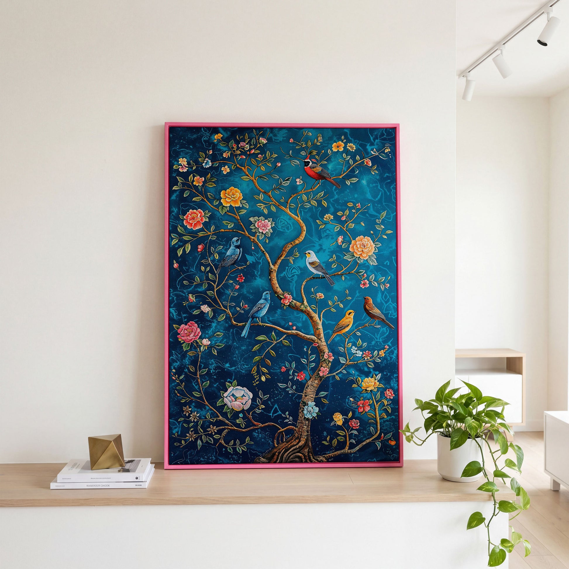 Songbirds on Branches Canvas Print in pink floating frame