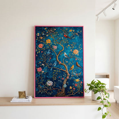 Songbirds on Branches Canvas Print in pink floating frame