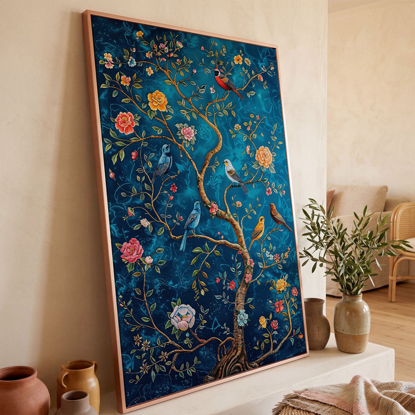 Songbirds on Branches Canvas Print in rose gold floating frame