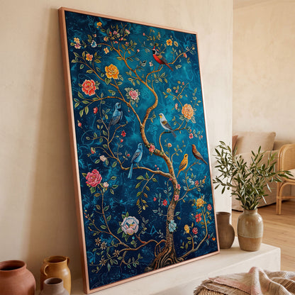 Songbirds on Branches Canvas Print in rose gold floating frame