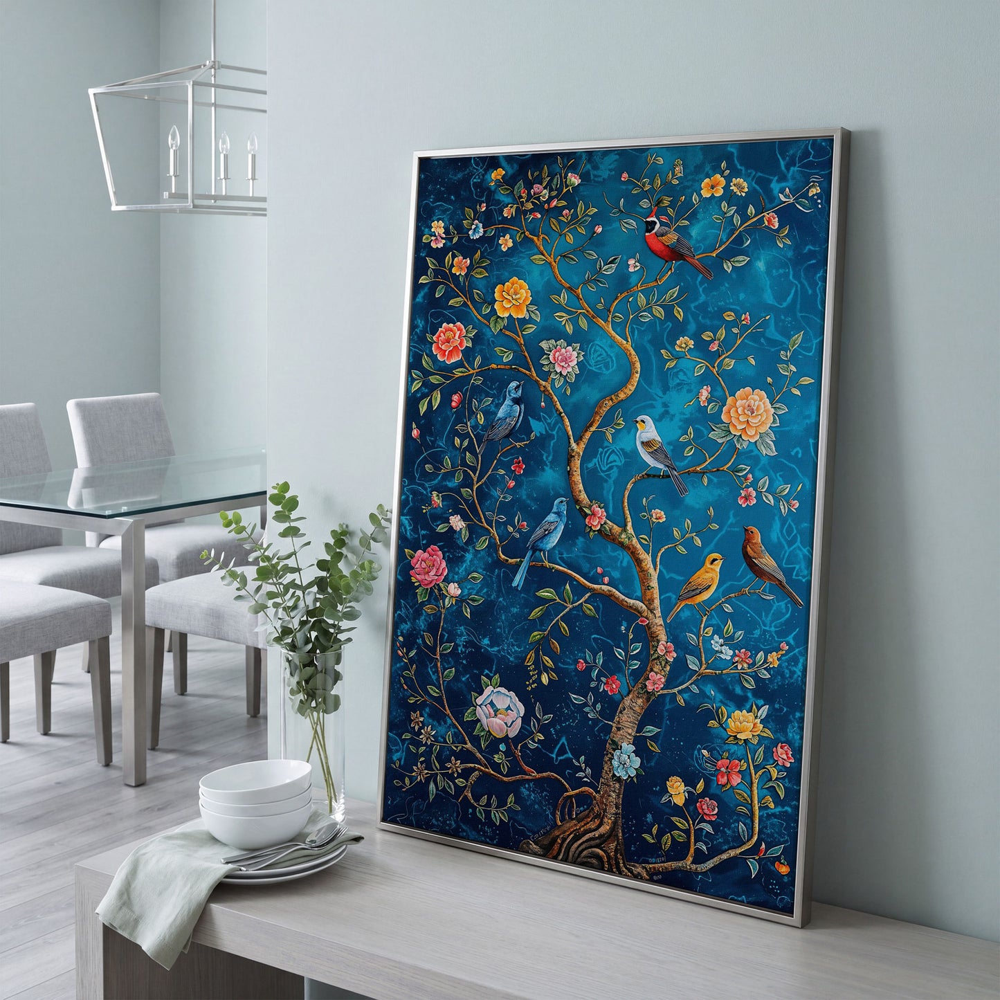 Songbirds on Branches Canvas Print in silver floating frame