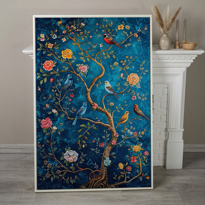 Songbirds on Branches Canvas Print in white floating frame