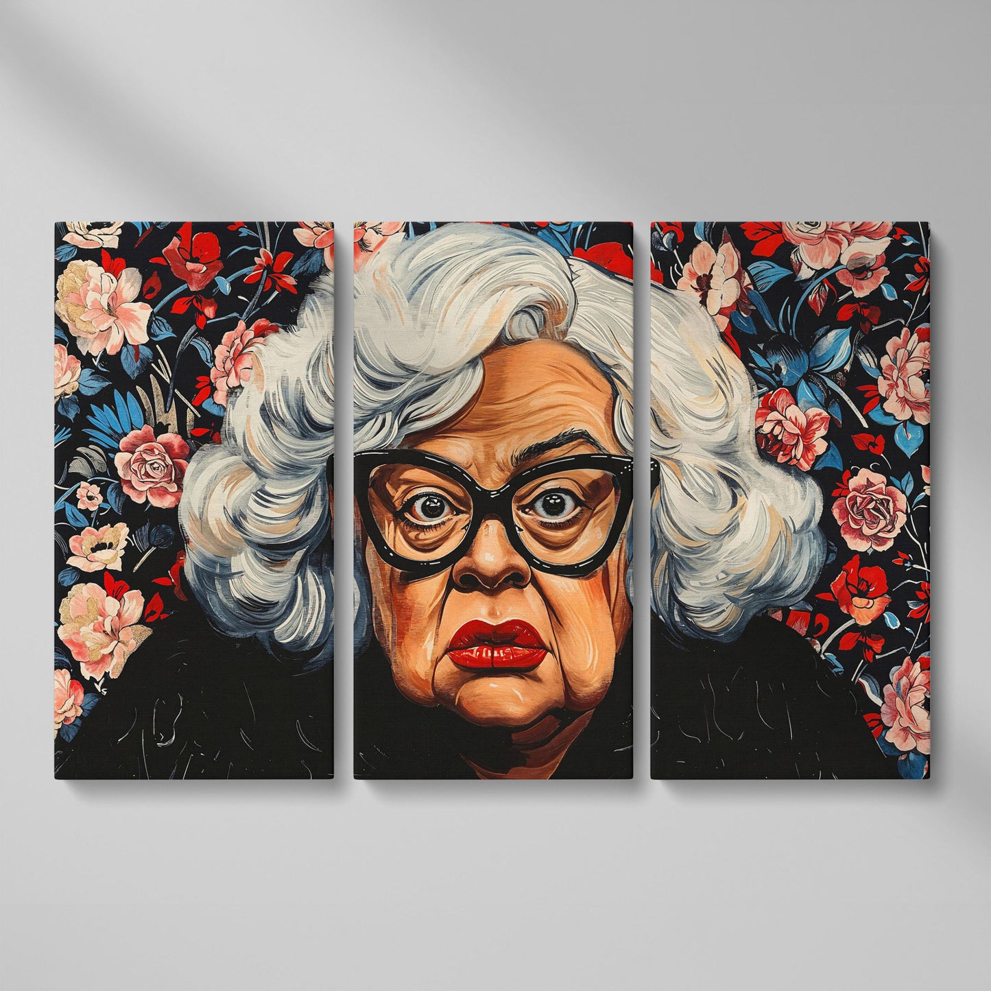 Quirky Grandma Pop-Art Canvas as 3-panel split version