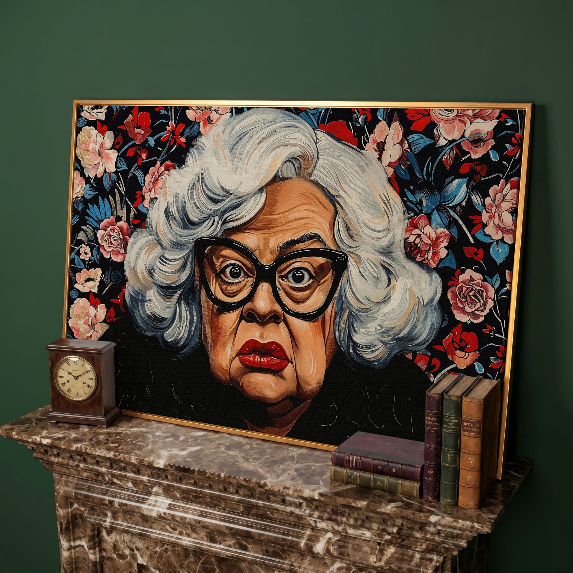 Quirky Grandma Pop-Art Canvas in antique gold floating frame