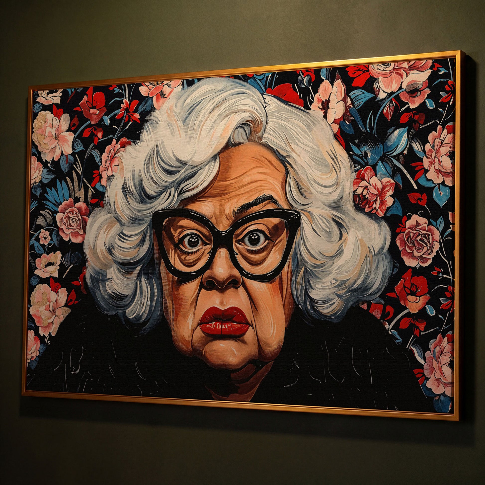 Quirky Grandma Pop-Art Canvas shown in antique gold floating frame