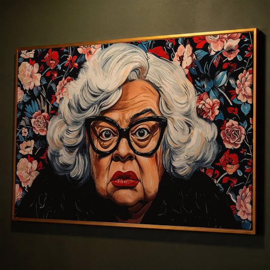 Quirky Grandma Pop-Art Canvas shown in antique gold floating frame