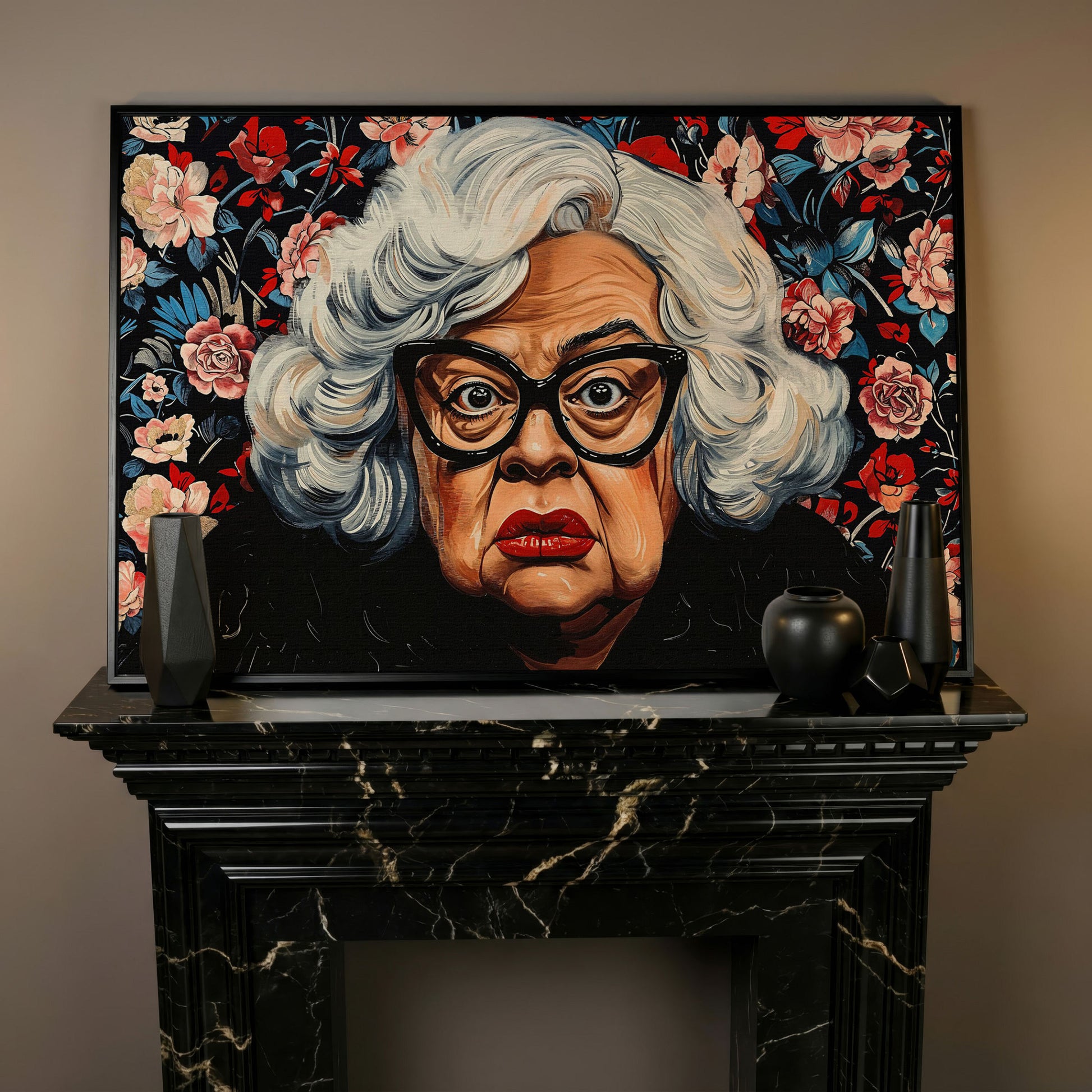 Quirky Grandma Pop-Art Canvas in black floating frame