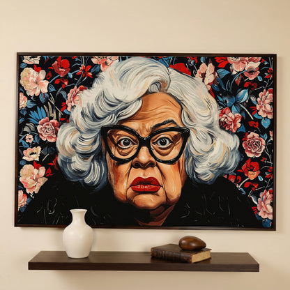 Quirky Grandma Pop-Art Canvas in dark walnut floating frame