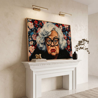 Quirky Grandma Pop-Art Canvas in white oak floating frame