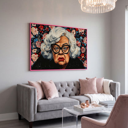 Quirky Grandma Pop-Art Canvas in pink floating frame