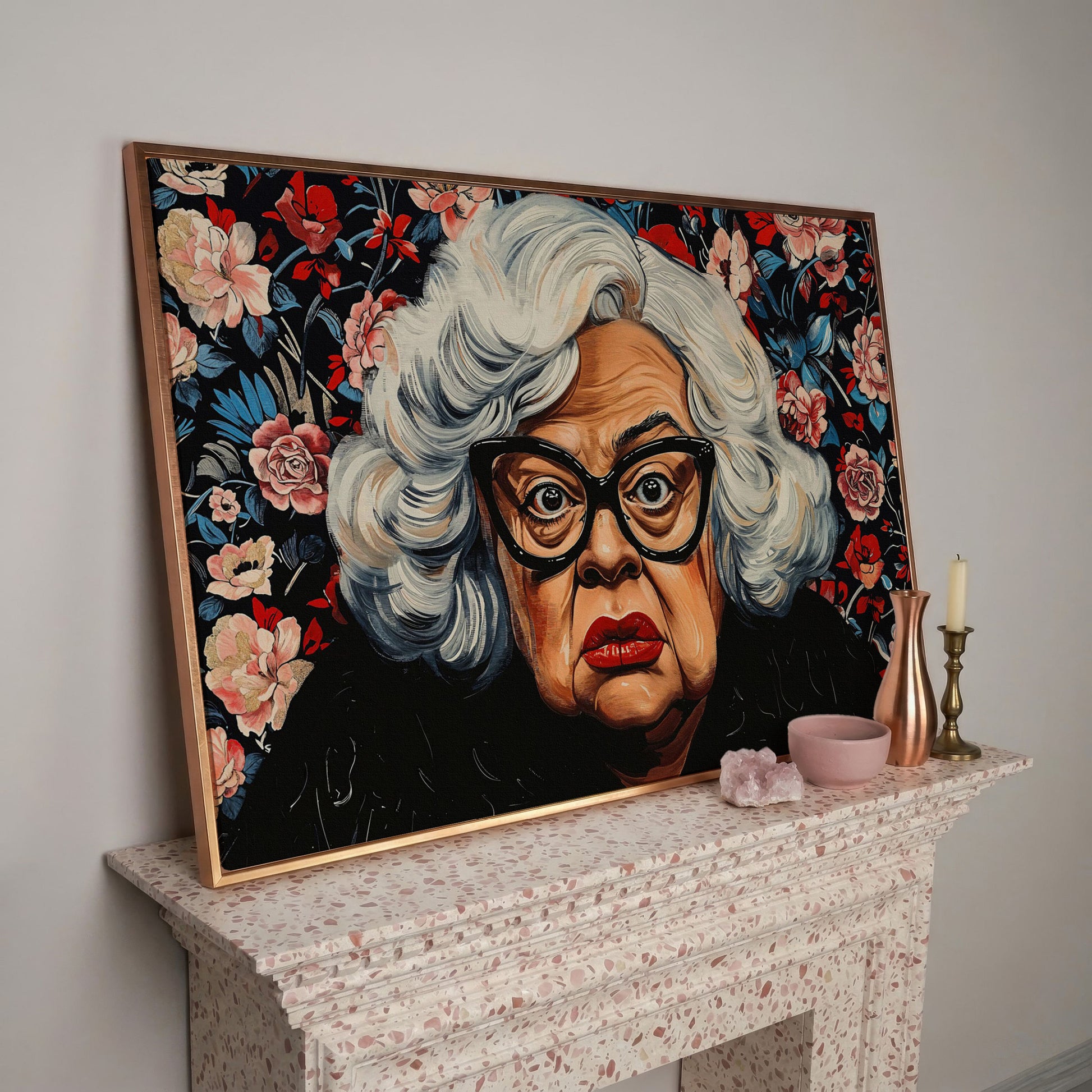 Quirky Grandma Pop-Art Canvas in rose gold floating frame