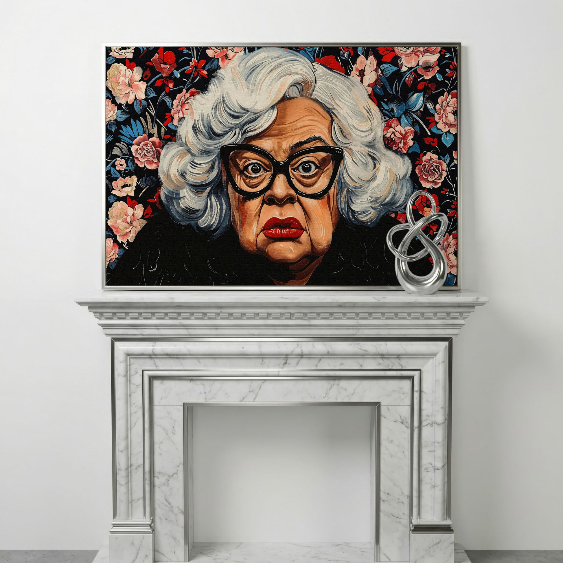 Quirky Grandma Pop-Art Canvas in silver floating frame