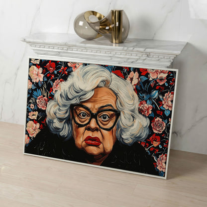 Quirky Grandma Pop-Art Canvas in white floating frame