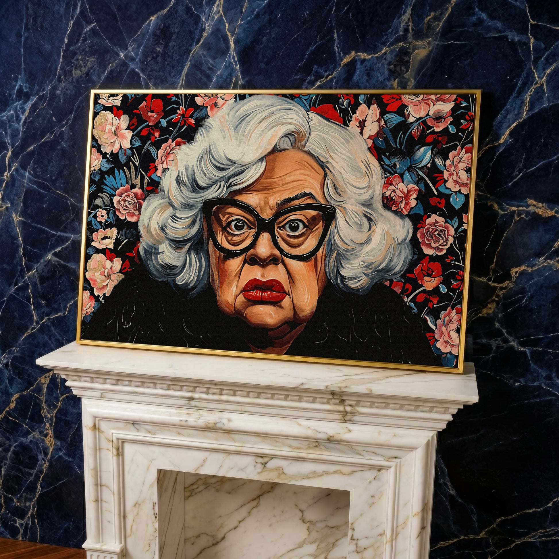 Quirky Grandma Pop-Art Canvas in yellow gold floating frame