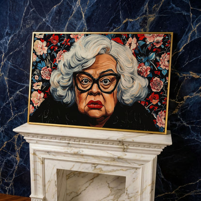Quirky Grandma Pop-Art Canvas in yellow gold floating frame