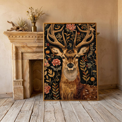 Floral Deer Canvas Print in Burnt Umber and Olive in antique gold floating frame