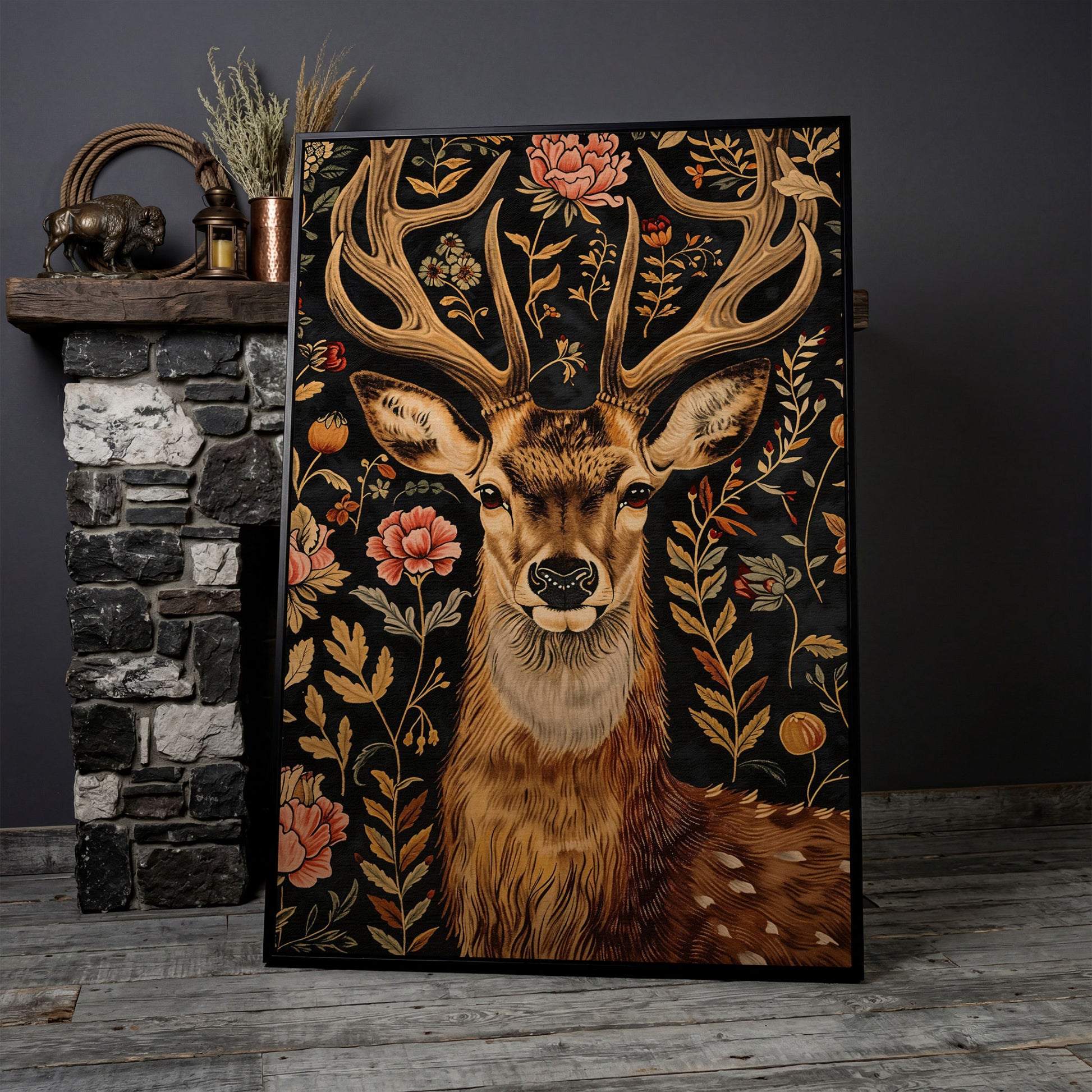 Floral Deer Canvas Print in Burnt Umber and Olive in black floating frame