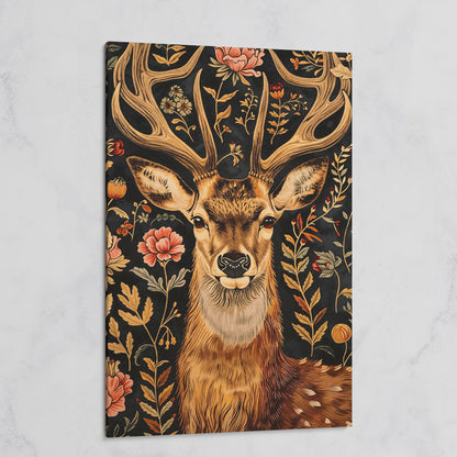 Floral Deer Canvas Print in Burnt Umber and Olive on gallery wrap
