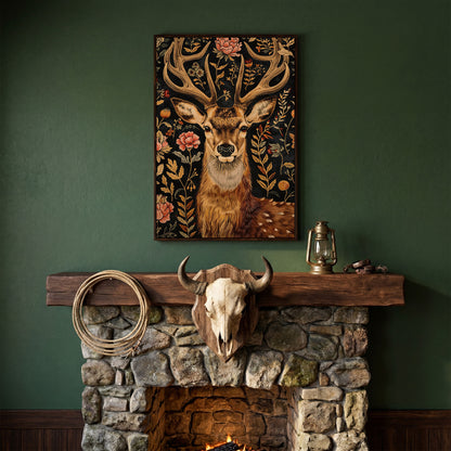 Floral Deer Canvas Print in Burnt Umber and Olive in dark walnut floating frame