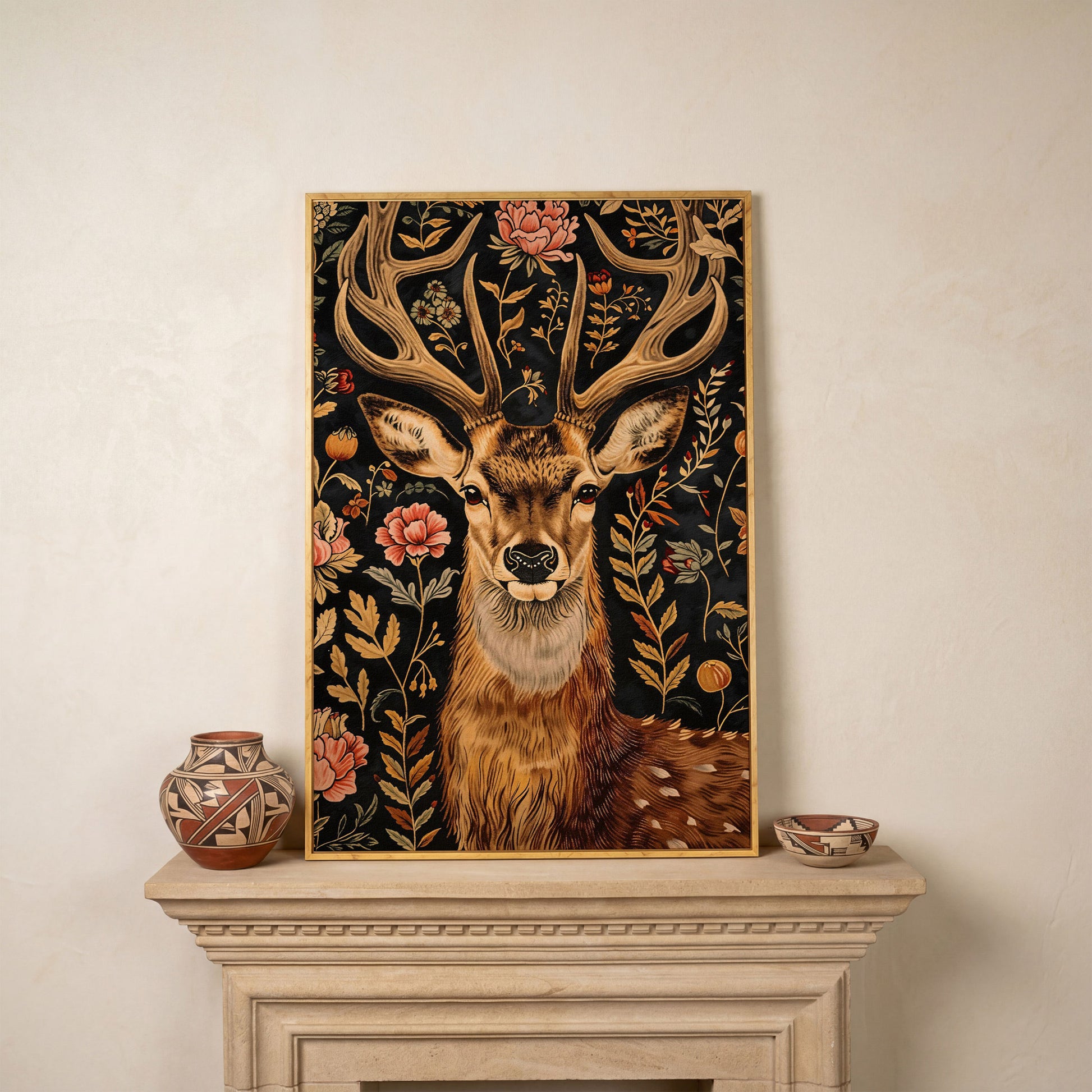 Floral Deer Canvas Print in Burnt Umber and Olive in white oak floating frame