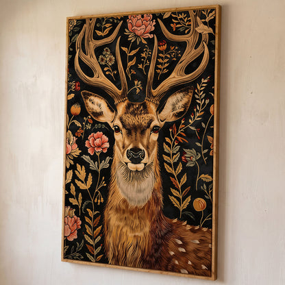Floral Deer Canvas Print in Burnt Umber and Olive shown in white oak floating frame