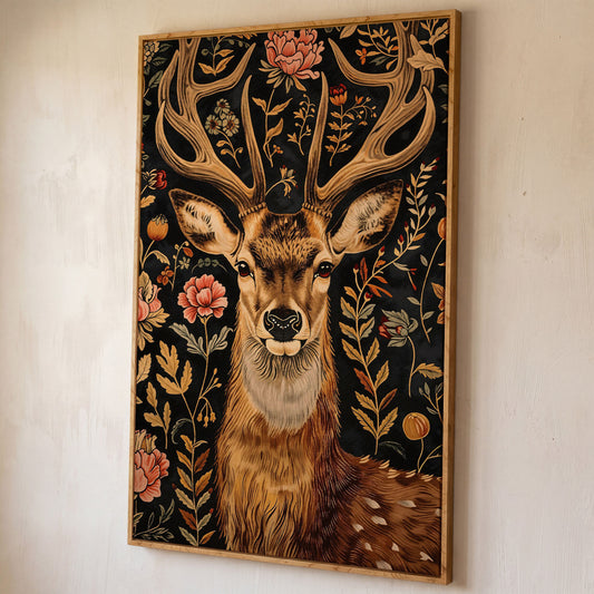 Floral Deer Canvas Print in Burnt Umber and Olive shown in white oak floating frame