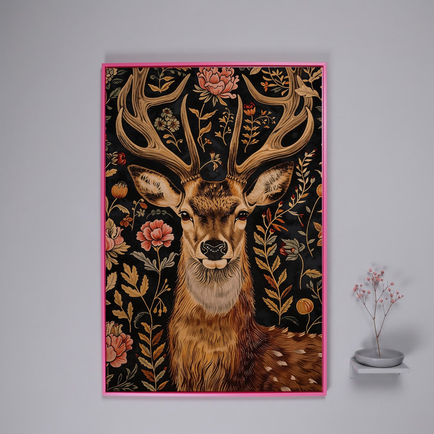 Floral Deer Canvas Print in Burnt Umber and Olive in pink floating frame