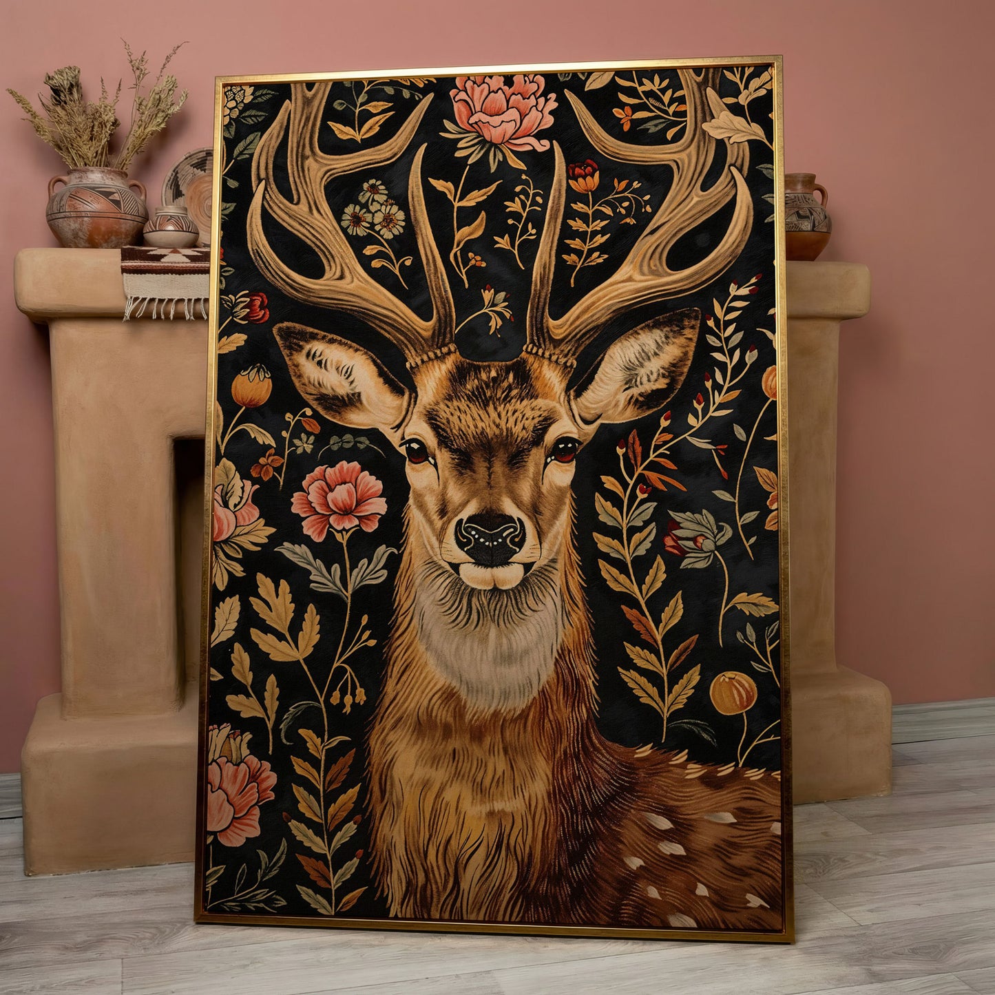 Floral Deer Canvas Print in Burnt Umber and Olive in rose gold floating frame