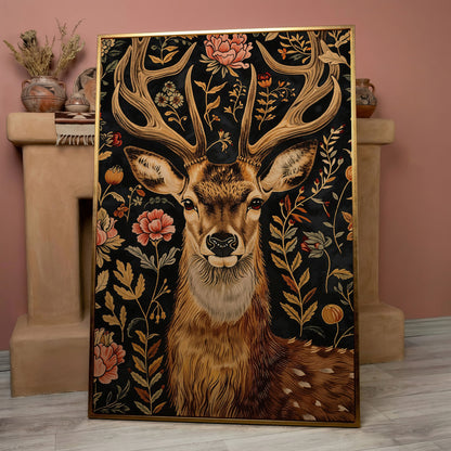 Floral Deer Canvas Print in Burnt Umber and Olive in rose gold floating frame