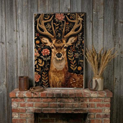 Floral Deer Canvas Print in Burnt Umber and Olive in silver floating frame