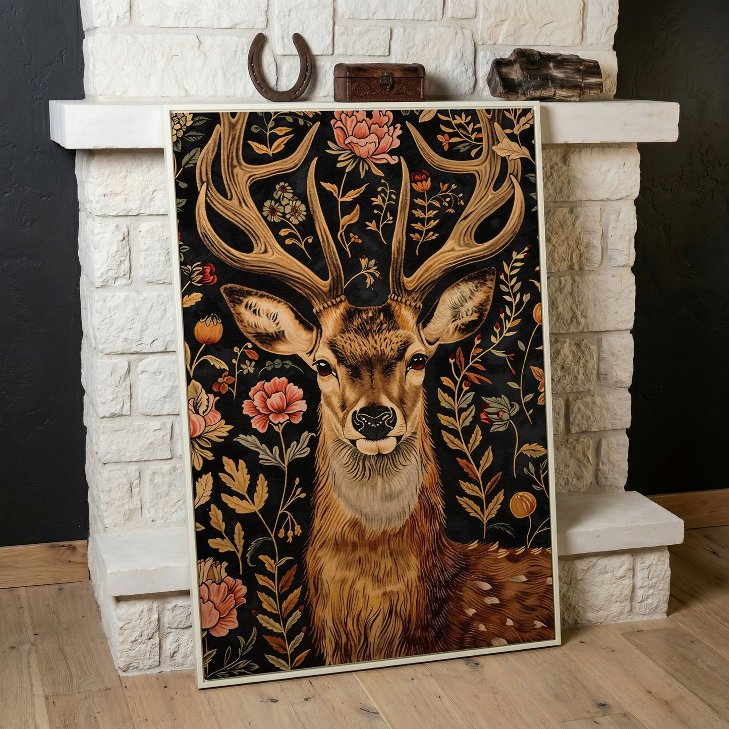 Floral Deer Canvas Print in Burnt Umber and Olive in white floating frame