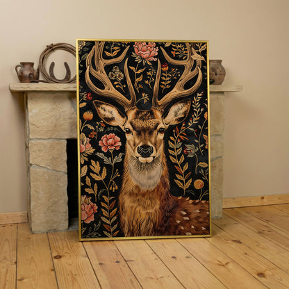 Floral Deer Canvas Print in Burnt Umber and Olive in yellow gold floating frame