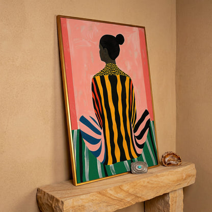 Abstract Woman with Striped Dress Canvas Print in antique gold floating frame