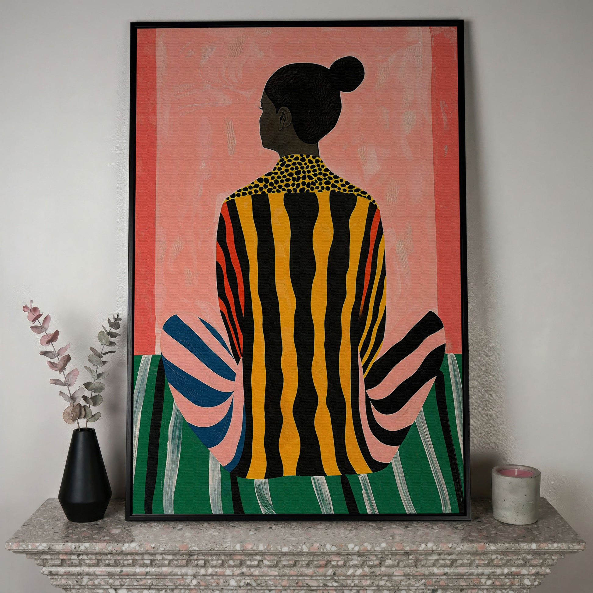 Abstract Woman with Striped Dress Canvas Print in black floating frame
