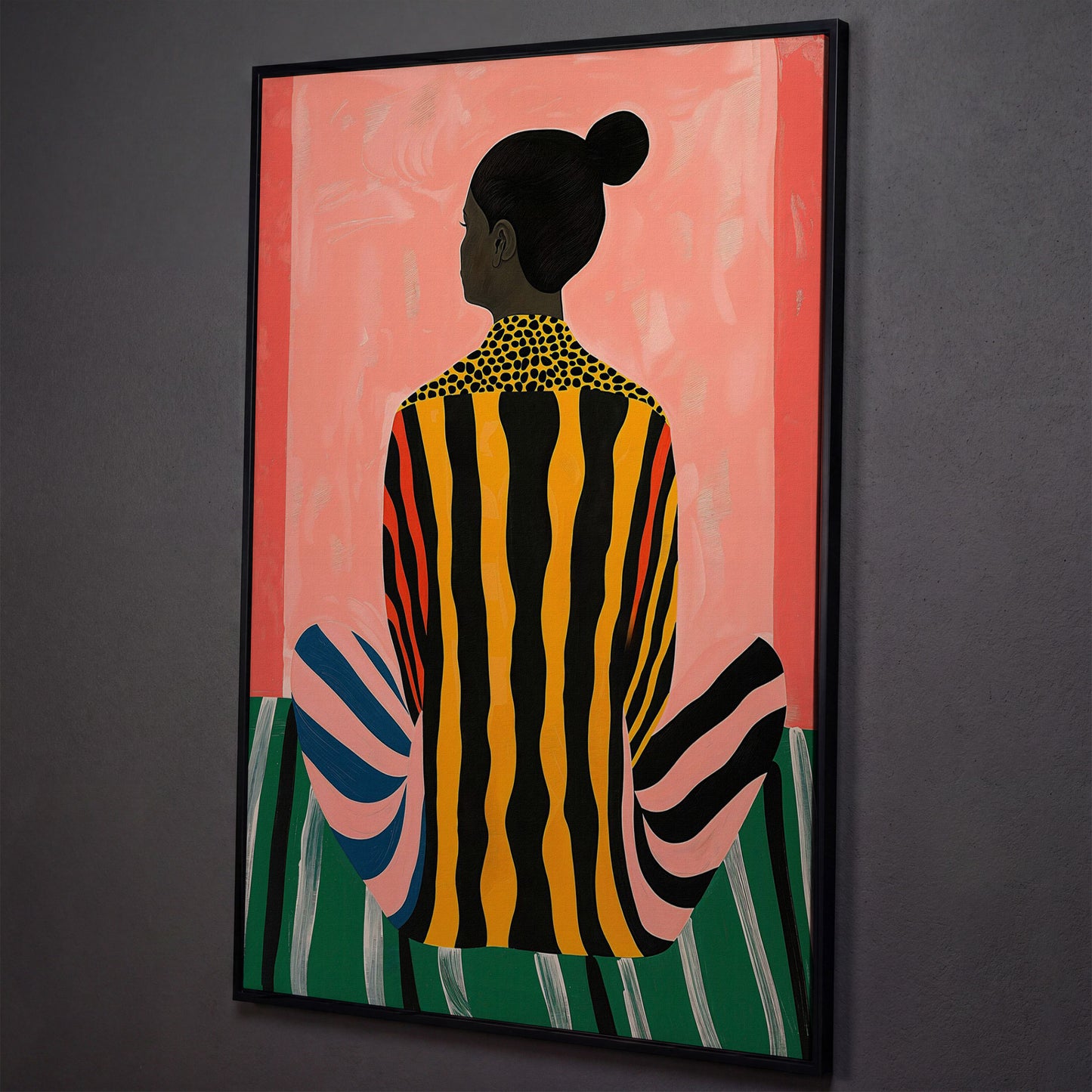 Abstract Woman with Striped Dress Canvas Print shown in black floating frame