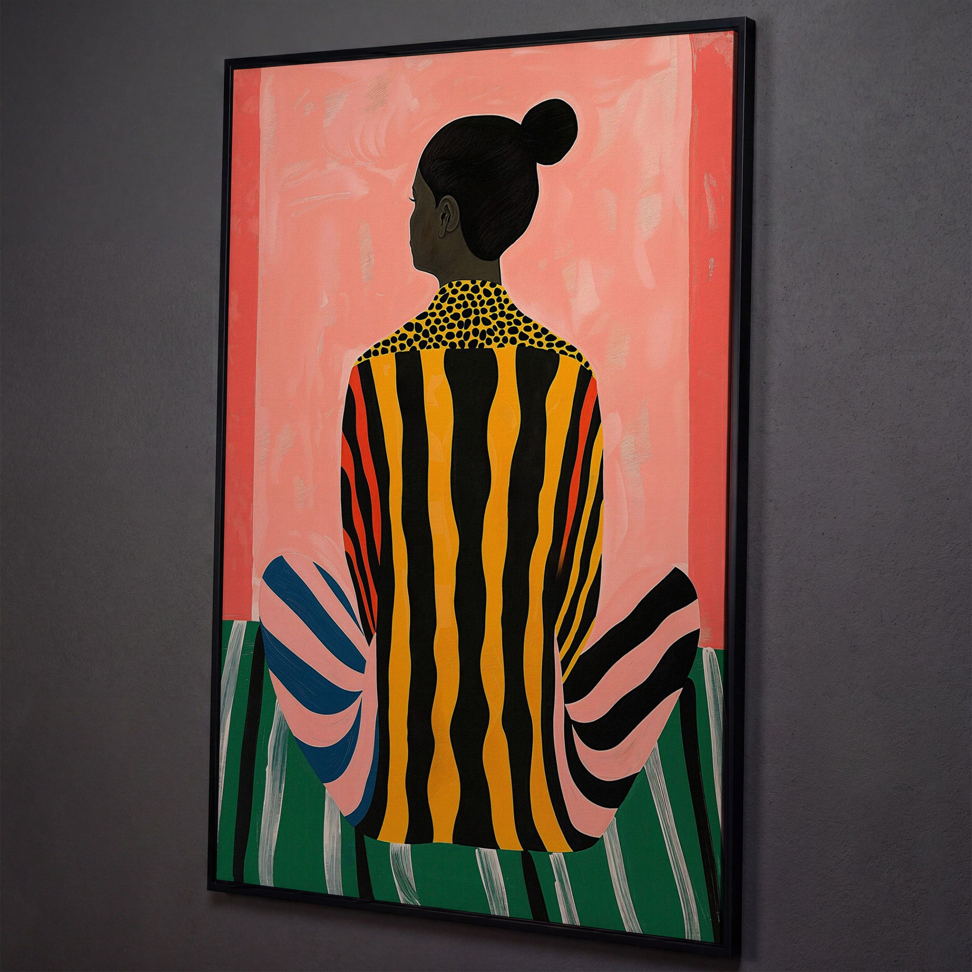Abstract Woman with Striped Dress Canvas Print shown in black floating frame