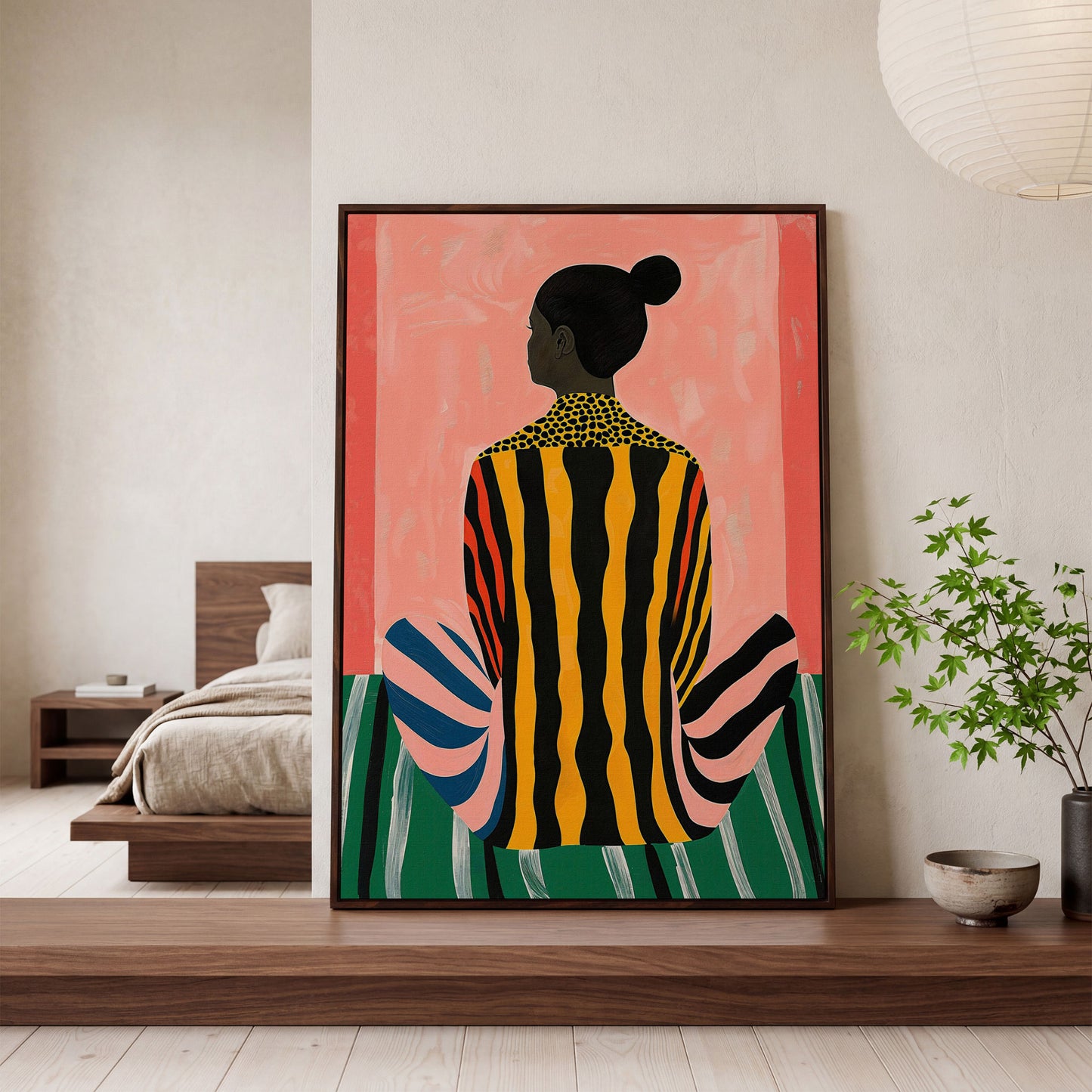 Abstract Woman with Striped Dress Canvas Print in dark walnut floating frame