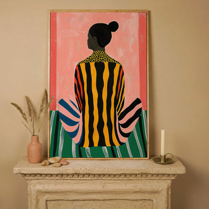 Abstract Woman with Striped Dress Canvas Print in white oak floating frame