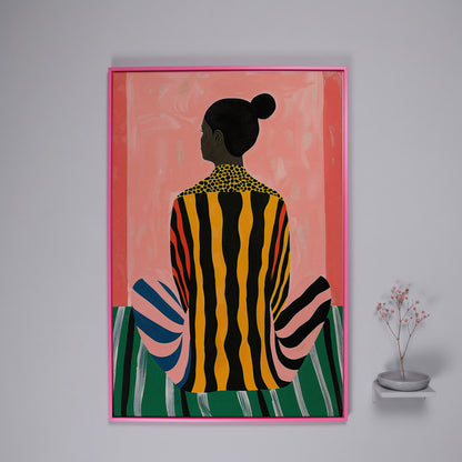 Abstract Woman with Striped Dress Canvas Print in pink floating frame