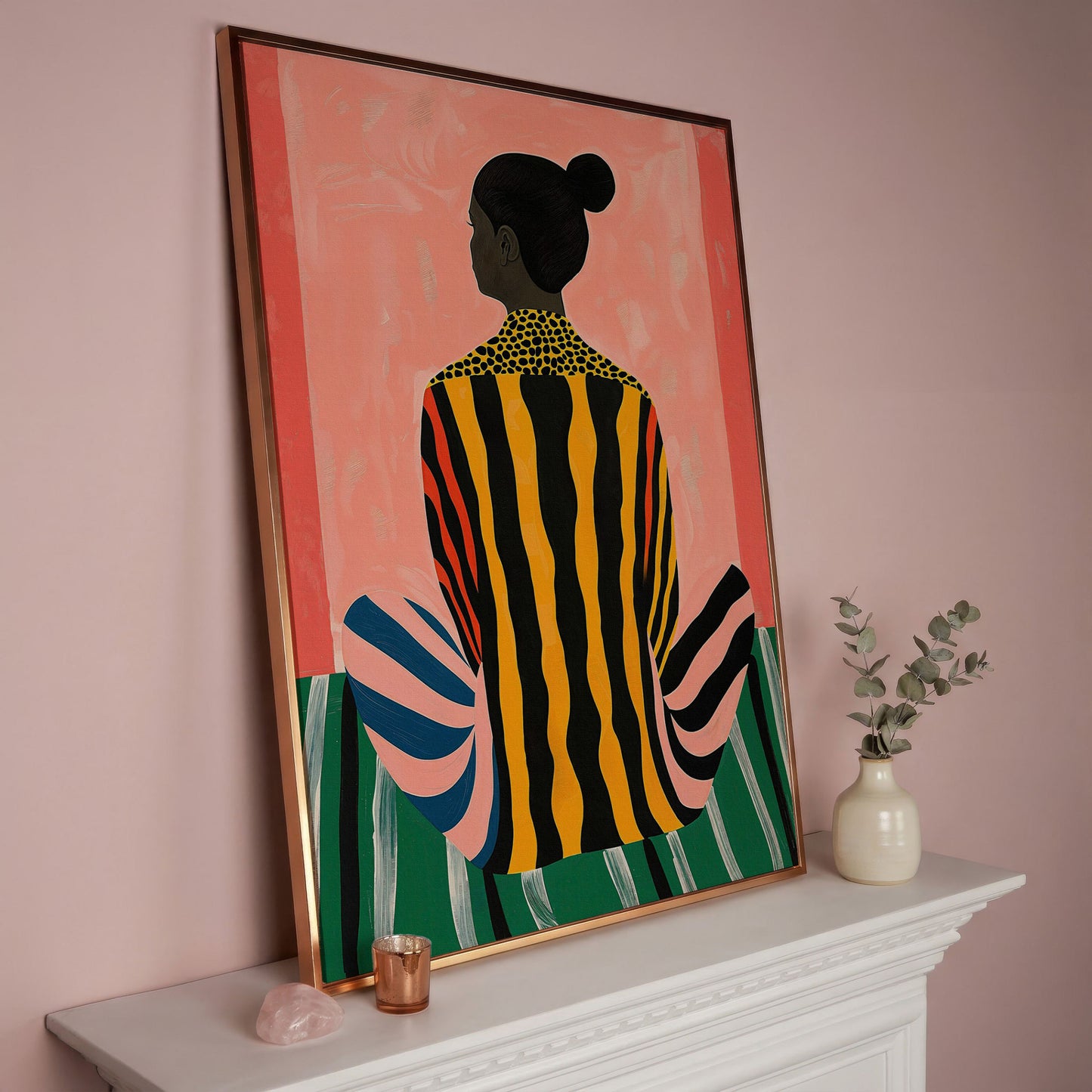 Abstract Woman with Striped Dress Canvas Print in rose gold floating frame