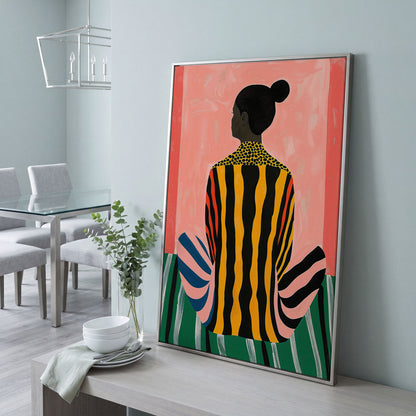 Abstract Woman with Striped Dress Canvas Print in silver floating frame