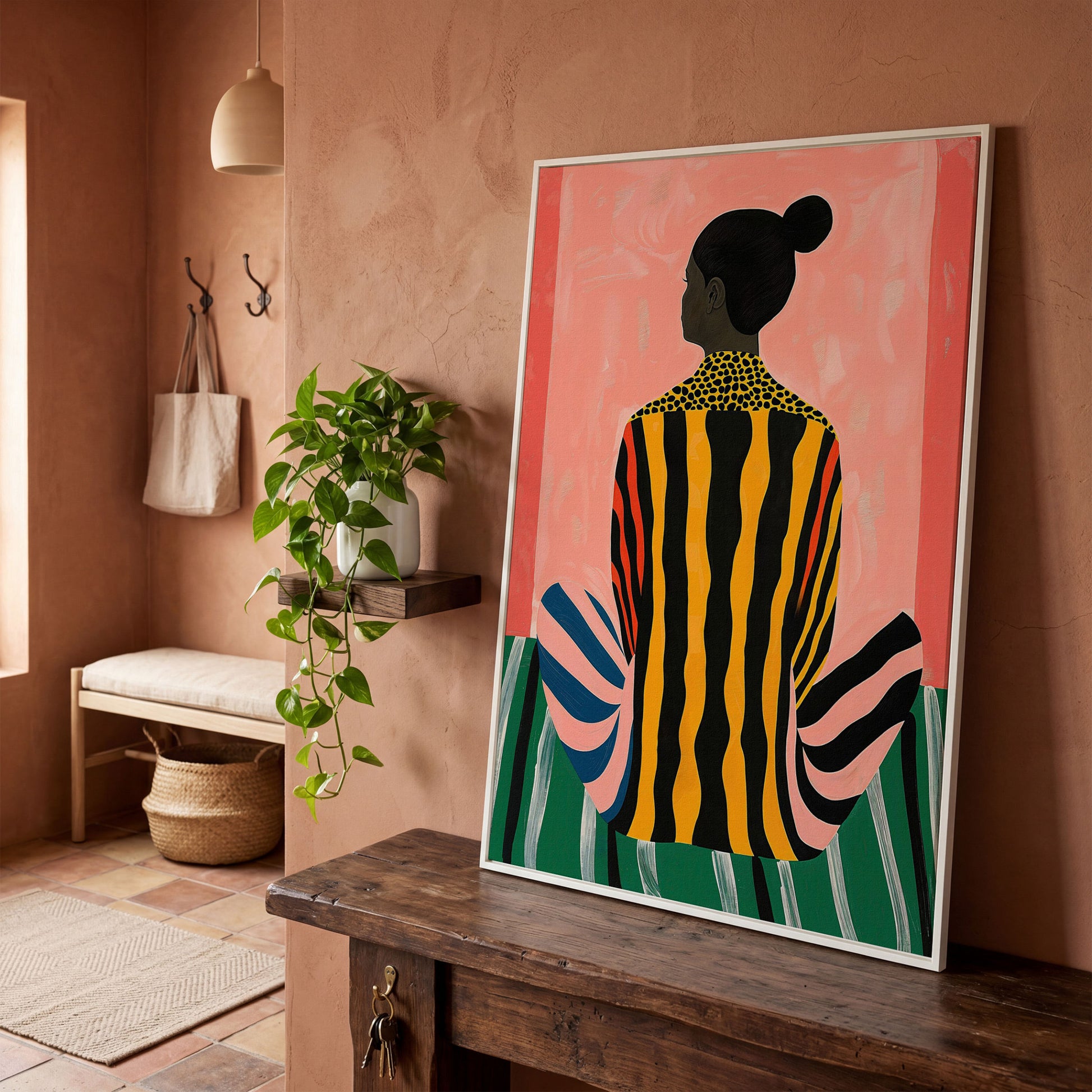 Abstract Woman with Striped Dress Canvas Print in white floating frame