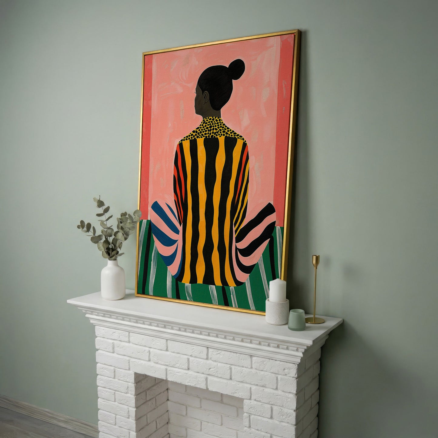 Abstract Woman with Striped Dress Canvas Print in yellow gold floating frame